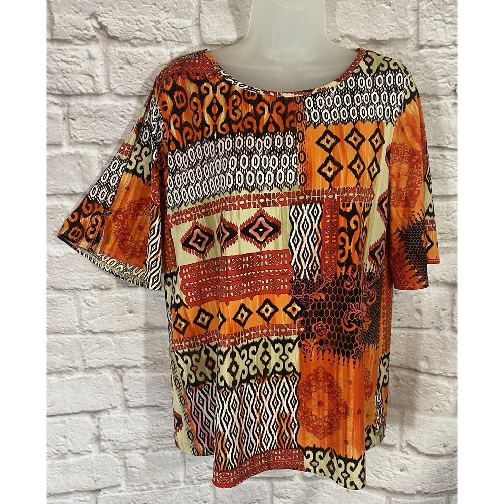 Susan Graver M Orange Brown Tribal Geometric Print Liquid Knit Top Slit Sleeve